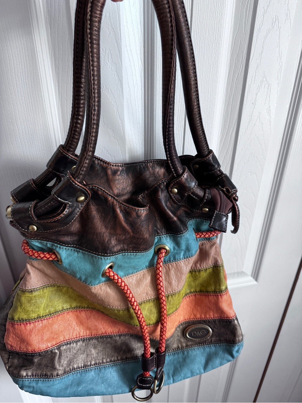 Striped Multicolor Leather feel Drawstring Shoulder Bag - Brown Trim